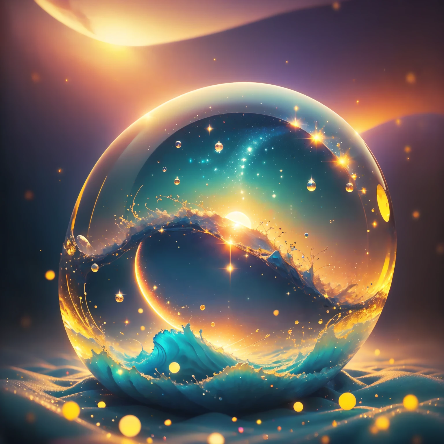 8K quality,(super masterpiece:1.3), best quality, detailed images,unmanned,Pixel-like ,1 bubble (Moon in bubbles, starry sky ),background(Sunset sea,Sunset sky, gradient ).