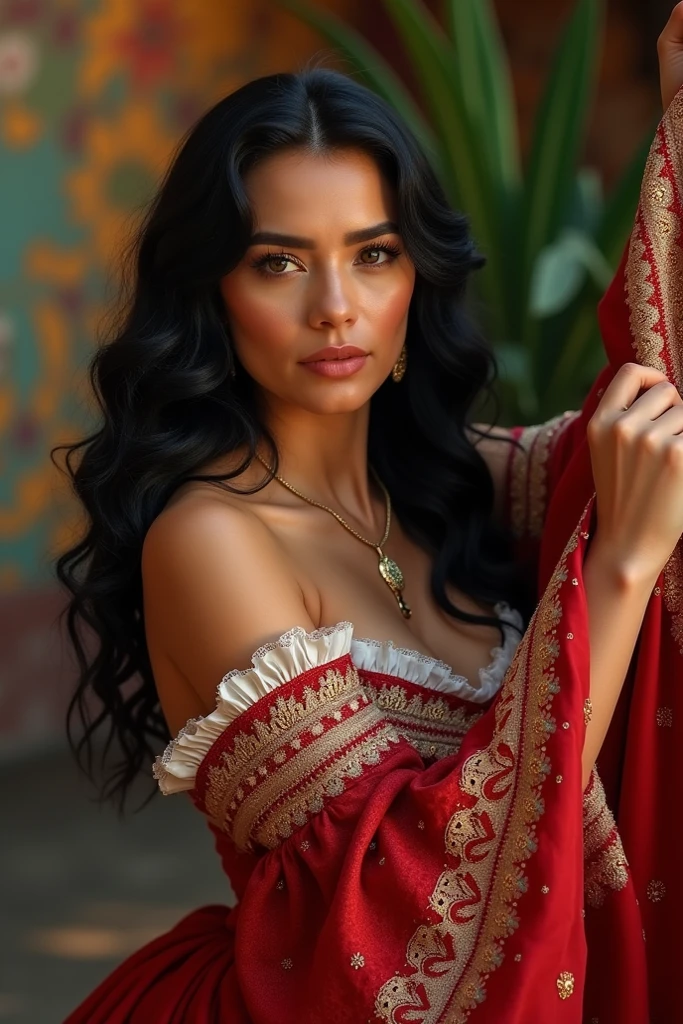 Create a photo of a woman with wavy black hair , she is Mexican and is holding a large train in her hand, Caption KARLINHA