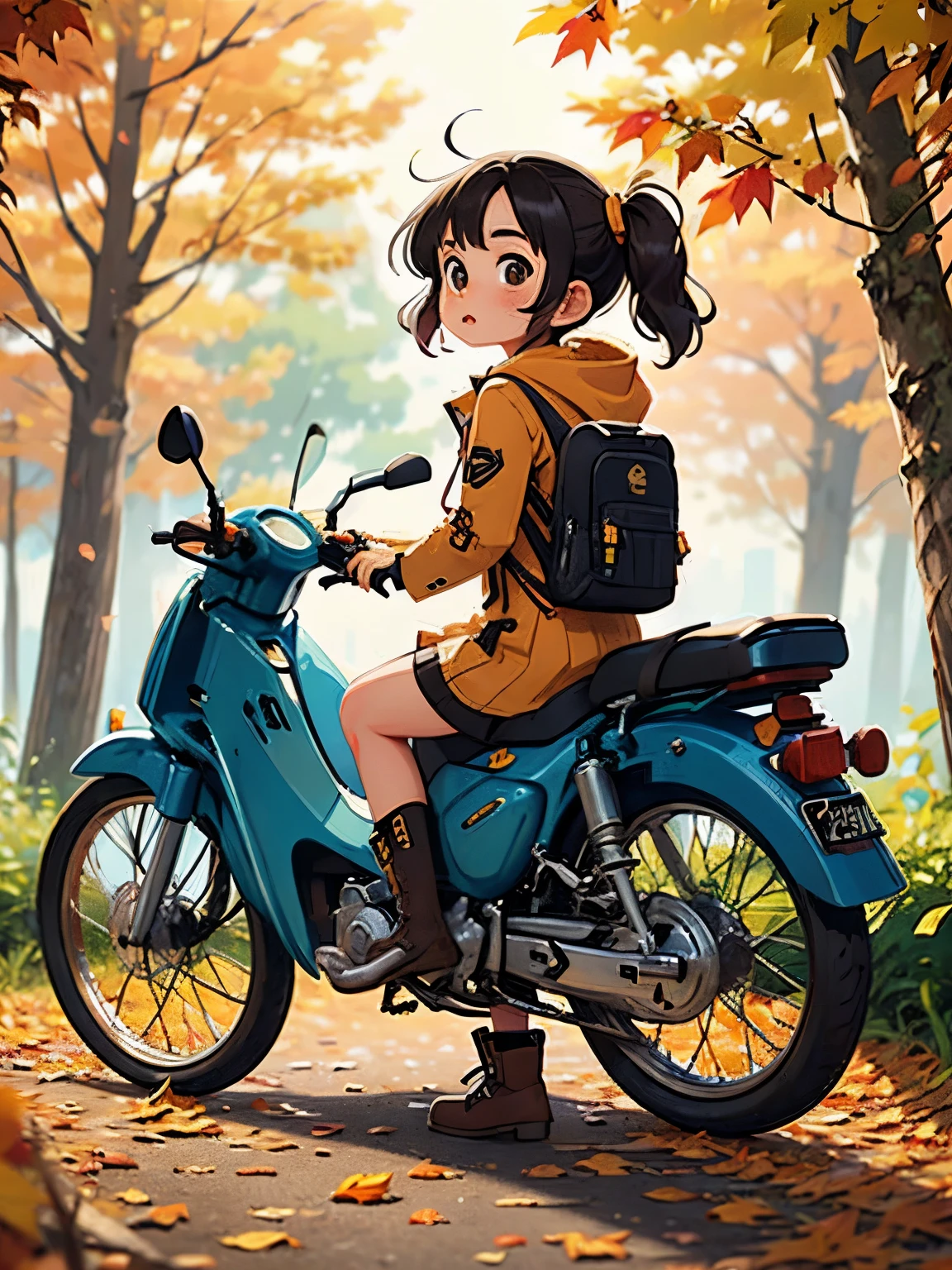 32K，UHD High Definition，Octane rendering，Steampunk，( Ultra-Fine: 1.*****ung Super Cub rider，  knight ，cute，Very short， Thin Thighs ，  small yellow super cub with lots of luggage，Short dress， down jacket， semi-long twin tail ， black hair，goggles， black boots，Super Cub Details， fall leaves for vaginal discharge，To an autumn campsite ，f medium distance shot from behind ,