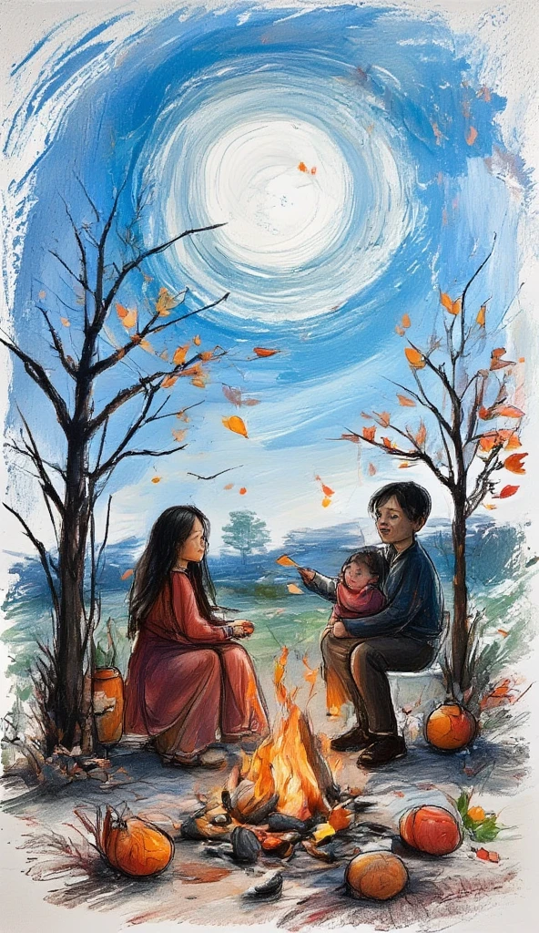 painting with simple lines , Silhouette of a happy family around a bonfire on the distant horizon, dark blue sky, 2D, beautiful landscape, 8k, dark colors