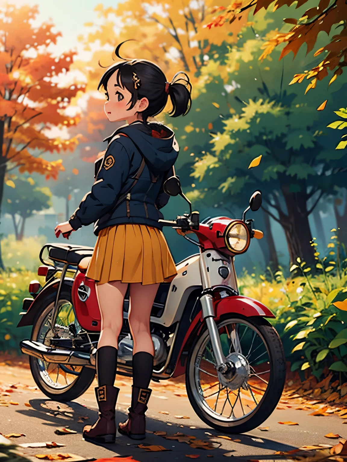 32K，UHD High Definition，Octane rendering，Steampunk，( Ultra-Fine: 1.*****ung Super Cub rider，  knight ，cute，Very short， Thin Thighs ，  small yellow super cub with lots of luggage，Short dress， down jacket， semi-long twin tail ， black hair，goggles， black boots，Super Cub Details， fall leaves for vaginal discharge，To an autumn campsite ，f medium distance shot from behind ,