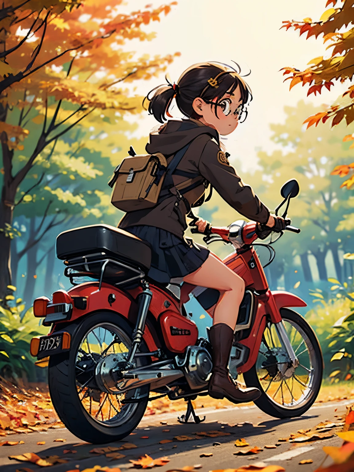 32K，UHD High Definition，Octane rendering，Steampunk，( Ultra-Fine: 1.*****ung Super Cub rider，  knight ，cute，Very short， Thin Thighs ，  small yellow super cub with lots of luggage，Short dress， down jacket， semi-long twin tail ， black hair，goggles， black boots，Super Cub Details， fall leaves for vaginal discharge，To an autumn campsite ，f medium distance shot from behind ,