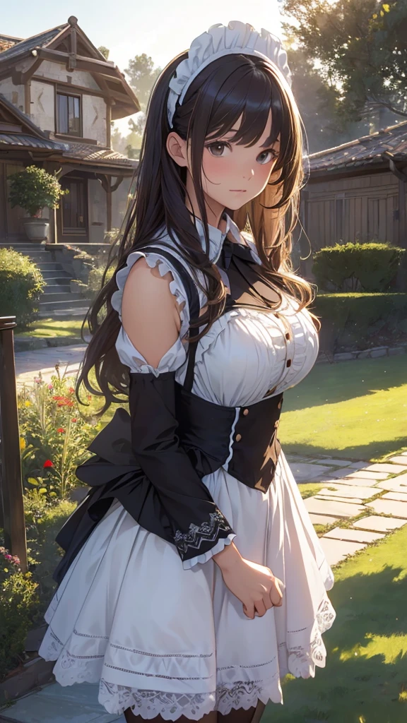 (1girl in), Long Wave Hair、dark brown hair, Amazing face and eyes,(natural make up)、(Brown eyes), medium large breasts、(High school uniform with wide open chest:1.1)、bared  chest, (amazingly beautiful girl), Styliška Chusha、Ruffle style costumes, (Maid Cafe Costume, Pleated mini-skirt:1.5), (Best Quality:1.4), (Ultra-detailed), (extremely detailed CG unified 8k wallpaper), ((Stylish maid café)), Maid Cafe Popular Staff, (Pink lace panties:1.2)、(((The skirt is rolled up by the wind)))、(front facing)、((I can see all my panties))((Hold down the skirt))