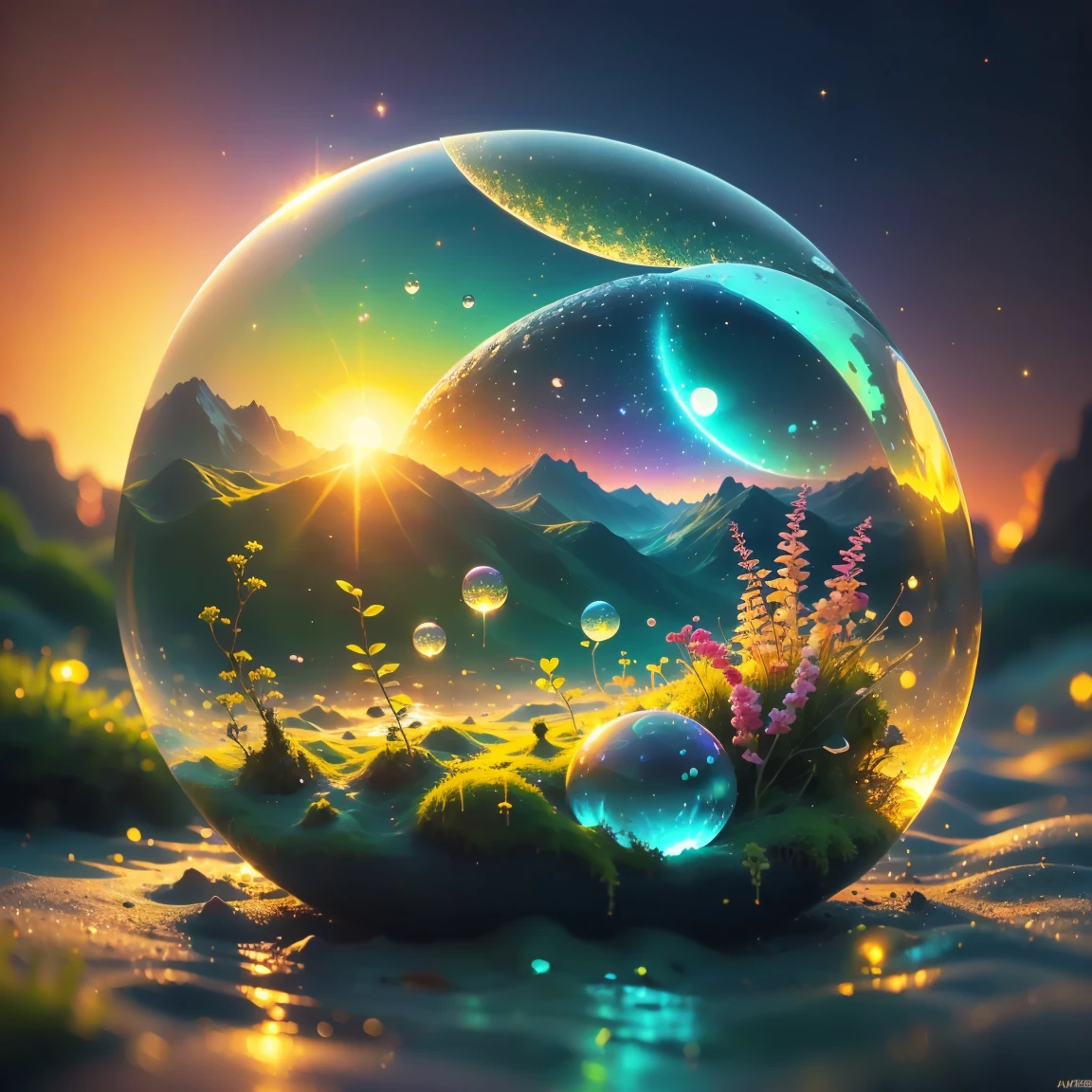 8K quality,(super masterpiece:1.3), best quality,Detailed Images,unmanned,1 bubble (In the bubbles,moss,水moss,moon, starry sky ),background(Sunset sea,Sunset sky, gradient ).