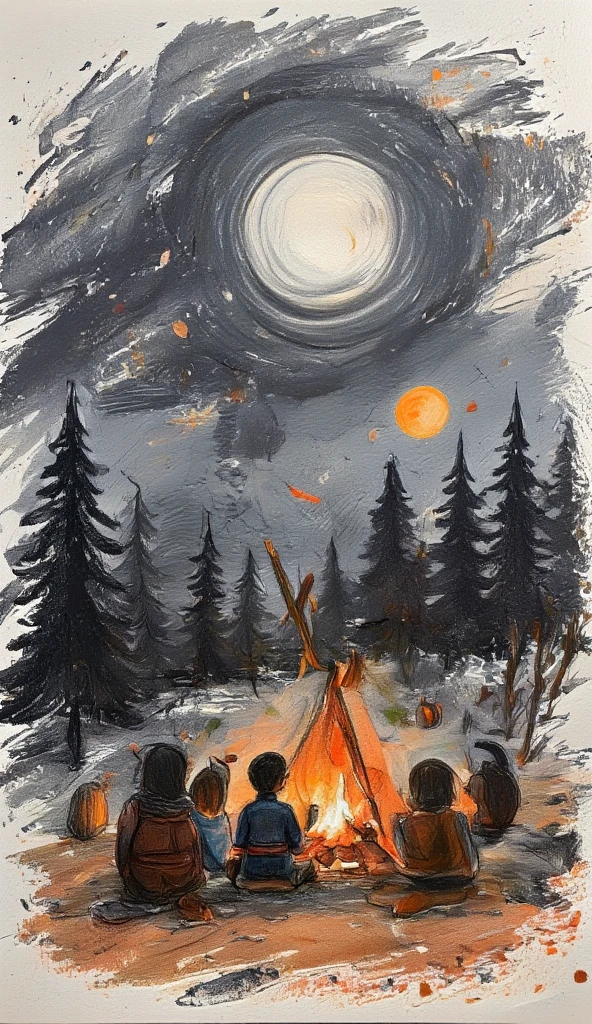  painting with simple lines ,  silhouette of the dark horizon and a family surrounding a fire in the distance, dark sky, 2D, beautiful landscape, 8k, Lonely Moon 