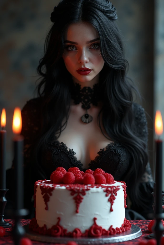 A 3D render of a gothic setting with a neon-red-long-haired demoness celebrating Ideogram's 1-year birthday. The demoness, with vibrant green skin, is wearing a dark lace attire and is tearing into a decadent chocolate cake. The background is filled with gothic decor, including candles, skulls, and intricate patterns. The lighting is dramatic, with shadows cast on the walls.