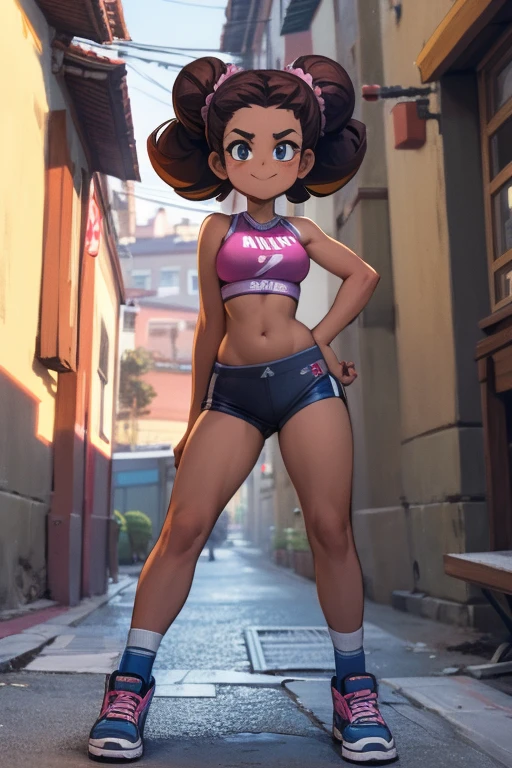 comics,  1980s Style , masterpiece, dramatic, movie, whole body,  Dynamic View ,  medium ,   HD8K Quality  ，Alicia， a very young girl ，Dark Girl ， African Hairstyle , Hair Bun,  Pink Sleeveless Crotchless Top， Pink Skinny Bike Shorts ， Blue Sneakers ，Cool smile， sarcasm ， Big City Alley ,