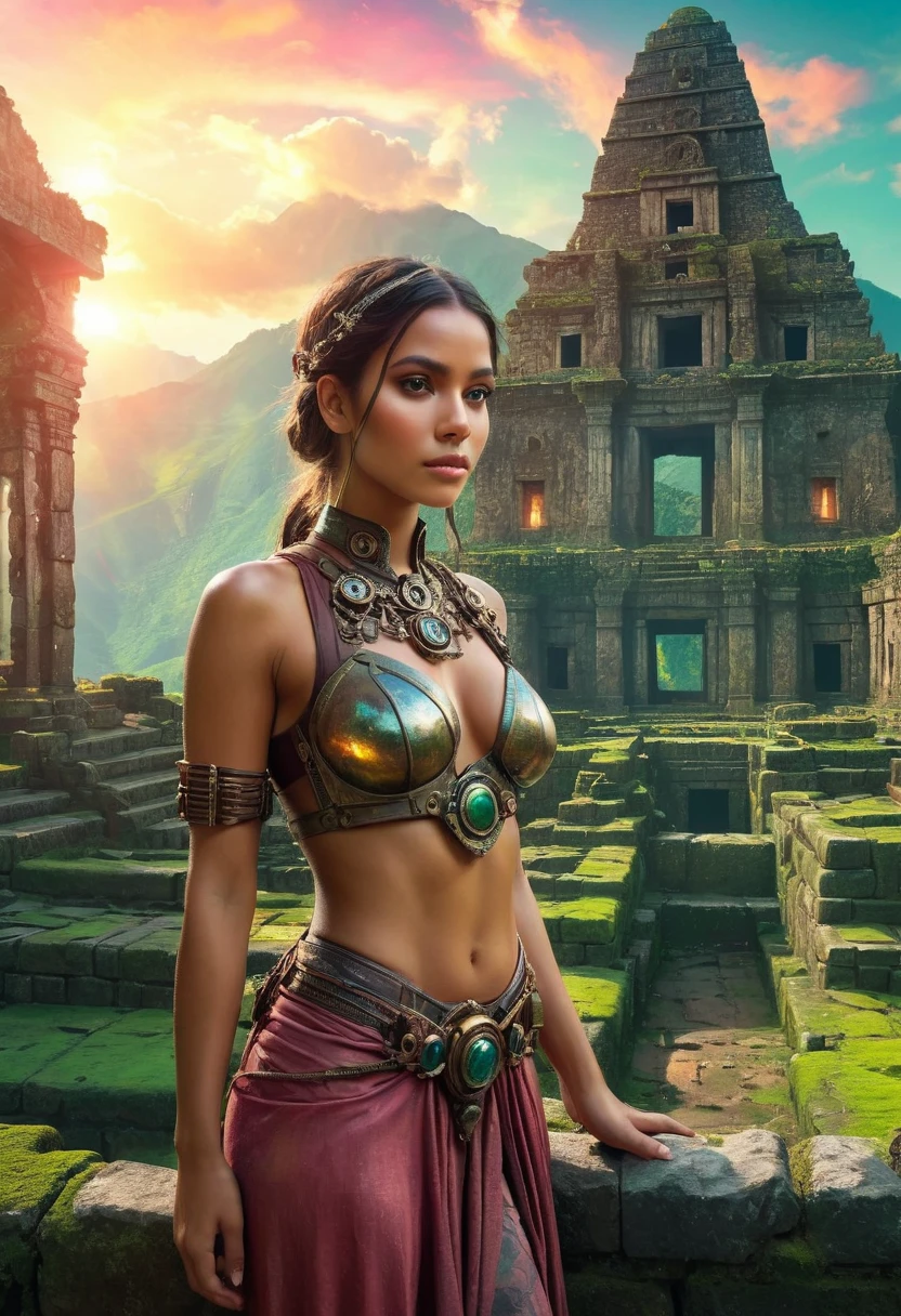 (best quality,4k,8K,High resolution,masterpiece:1.2),Extremely detailed,Practical:1.37,A beautiful girl standing among the ruins of the Inca Empire,insert,Metal body,glowing cybernetics,Beautiful facial features,Mysterious eyes,Cybernetic enhancement,Ethereal exterior, Old stone building,Stones and vines covered with green moss,Delicate lotus,Steampunk elements,Fusion of ancient technology and future technology,The bright colors contrast with the weathered ruins,Her eyes were filled with determination.,Holding a holographic map，Uncover the secrets of a lost civilization,Artistic portrait with surreal elements,The soft lighting creates a dreamy atmosphere,Colorful sunrise paints the sky orange and pink,Scattered artifacts hint at a forgotten past.