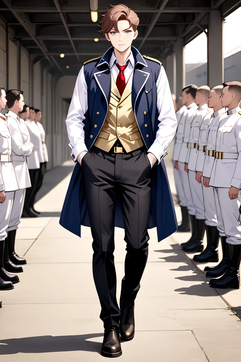 An adult men with short sepia tousled hair ,  wears black military boots ,  black pants ,  white shirt, red tie, blue vest over the shirt ,  dark navy blue military trench coat with zip pockets and unbuttoned gold details. background of a military base 