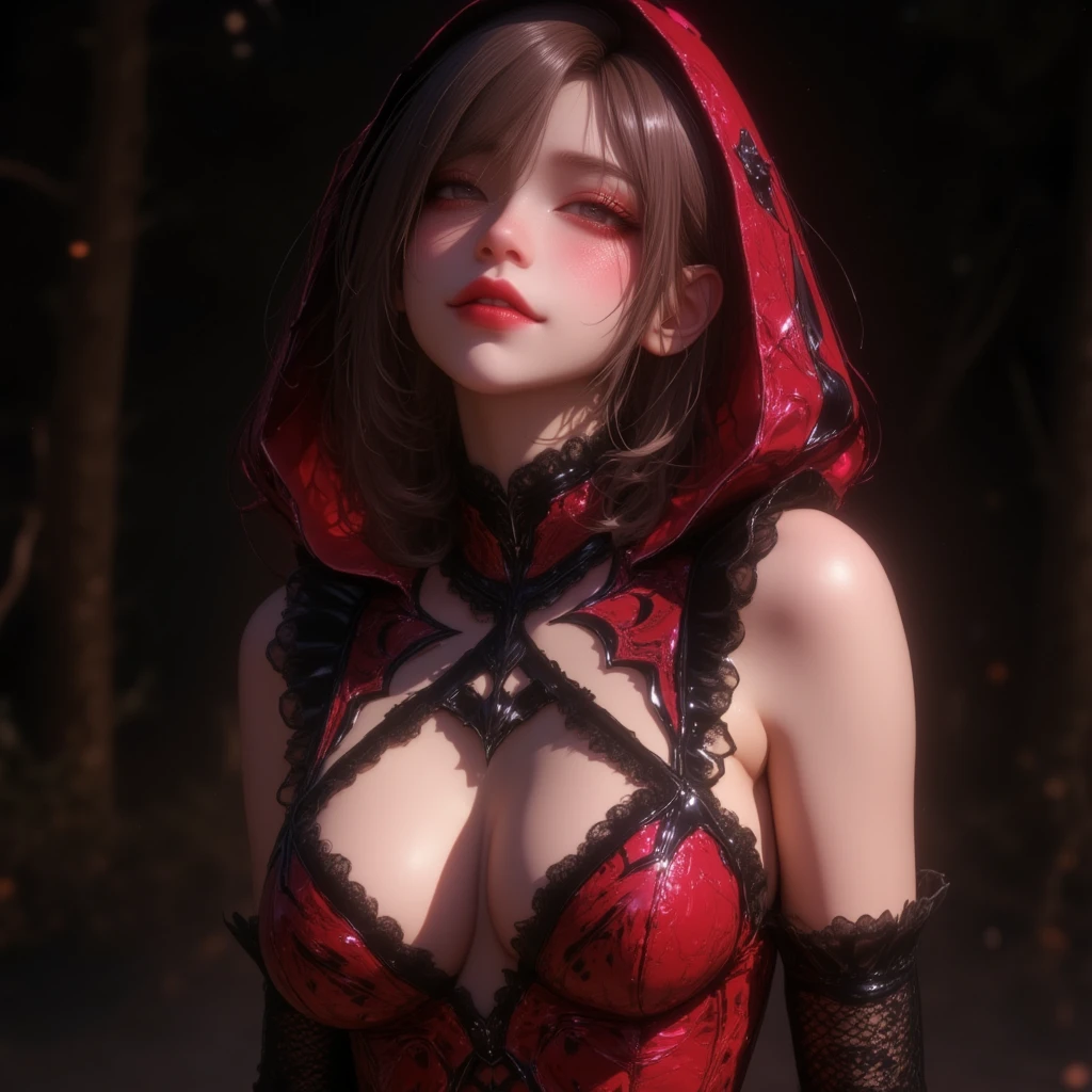 (Masterpiece, Best Quality, Realism: 1.37), (Complex and Delicate, Highly Detailed Skin and Face), massive perfect breast,,Beautiful Vampire Queen Suite in Black Dress, Wrapped in Luxurious Dark Hooded Robe, Dark Rose and Skull Adorning Her Fabric, Gothic Style, Dark Wind, (Headdress, Rose, Skull Decoration, Red, Dark Color), Red Eyes, Cinematic Soft Lighting, 8k Wallpaper, Unity, ArtStation, High Resolution CG