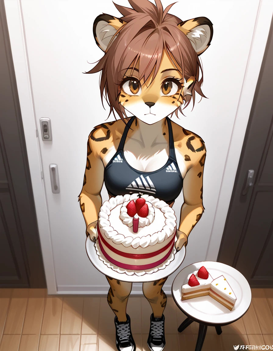 Alone, score_9,score_8_above,score_7_above, source_furry,  a tall female spotted leopard ,  brown snout , black nose,  brown eyes ,  short, spiky red hair ,  leopard ears, wearing black swimsuit Adidas ,  holding a birthday cake  , standing, in a simple room  