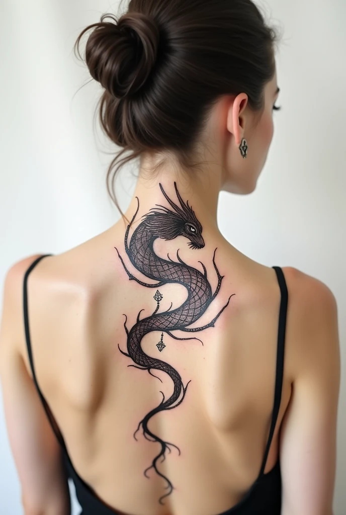 depicting a girl with a dragon tattoo on her back. backless outfit. Amazing dragon tattoo.  ultra-realistic, HD, hight resolution, 4k, 8K, photografic, Full photo, full image, Sharp, Detailed.