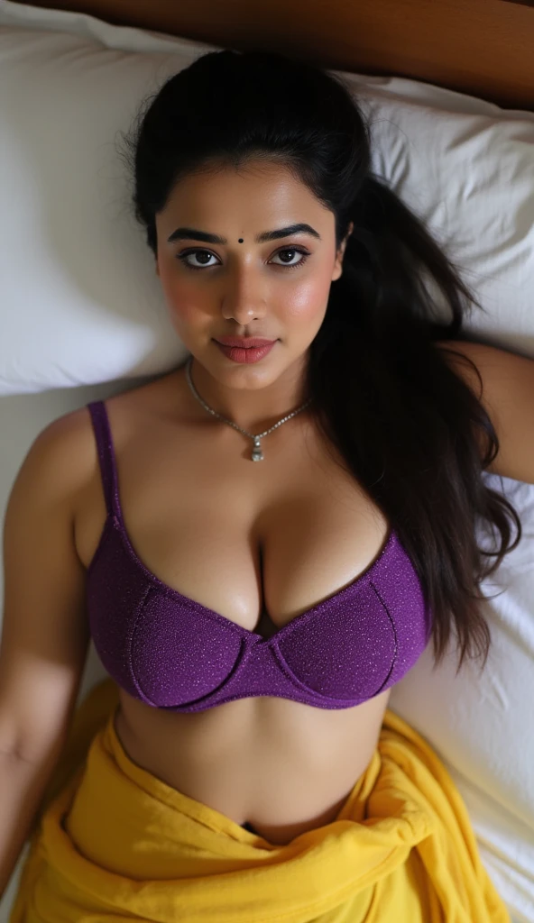 Day scene, close up photo of a sexy  from top view, lying on bed, huge boobs,purple strapless bra and yellow saree, big cheeks, curvy, Hollywood lips, wet navel, deep cleavage, necklace, erotic face, 36 yo, ponytail, look at viewer and smile, showing stubble armpits,(cinematic:1.3), intricate details, (ArtStation:1.2)