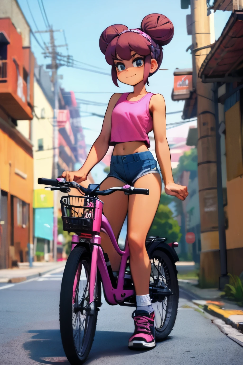 comics,  1980s Style , masterpiece, dramatic, movie, whole body,  Dynamic View , Very short stature， toddler figure ，8k Quality，Alicia， a very young girl ，Dark Girl ， African Hairstyle ，Hair Bun,  Pink Sleeveless Crotchless Top， Pink Skinny Bike Shorts ， Blue Sneakers ，Cool smile， sarcasm ， Big City Alley ,