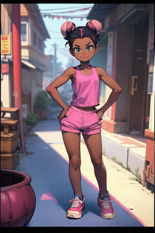 comics,  1980s Style , masterpiece, dramatic, movie, whole body,  Dynamic View ，Very short stature， toddler figure ，Short legs，8k Quality，Alicia， a very young girl ，Dark Girl ， African Hairstyle ，Hair Bun,  Pink Sleeveless Crotchless Top， Pink Skinny Bike Shorts ， Blue Sneakers ，Cool smile， sarcasm ， Big City Alley ，