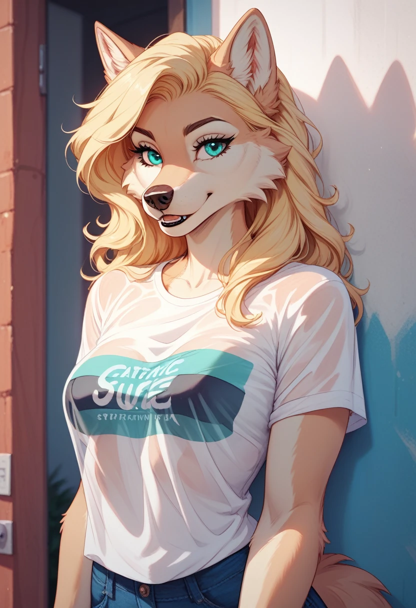 plastic, t-shirt gráfica,  transparent shirt , sleeves rolled up,, furry, t-shirt,  satin shirt , Blonde hair,  turquoise eyes,Female wolf,Sensual