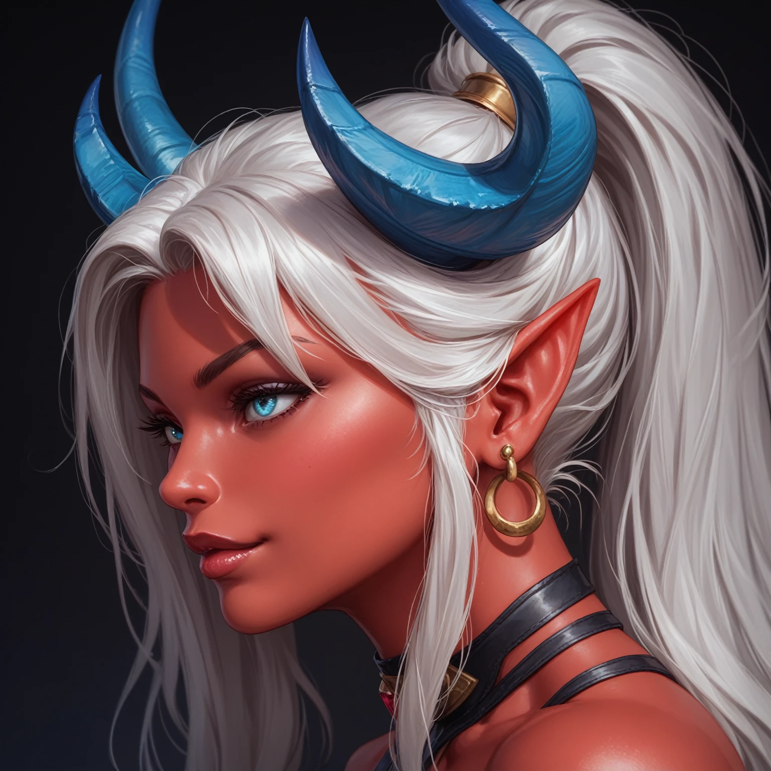 1 girl, A Tiefling,  Long hair,  high definition , earrings, Legs out of frame, персонаж далеко, athletic body,  pretty face,  young , Red skin, Dark background, Accuracy, High quality, In profile, Not too long horns, Ebony blue horns, Silver hair,