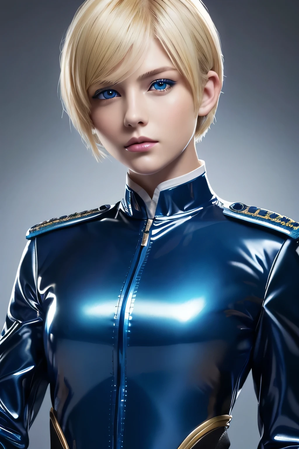 Highest quality,Highest Resolution,(((Blue shiny military uniform　Blonde　dark blue eyes)))　Short Hair　straight　expressionless　flat chest　woman　cool