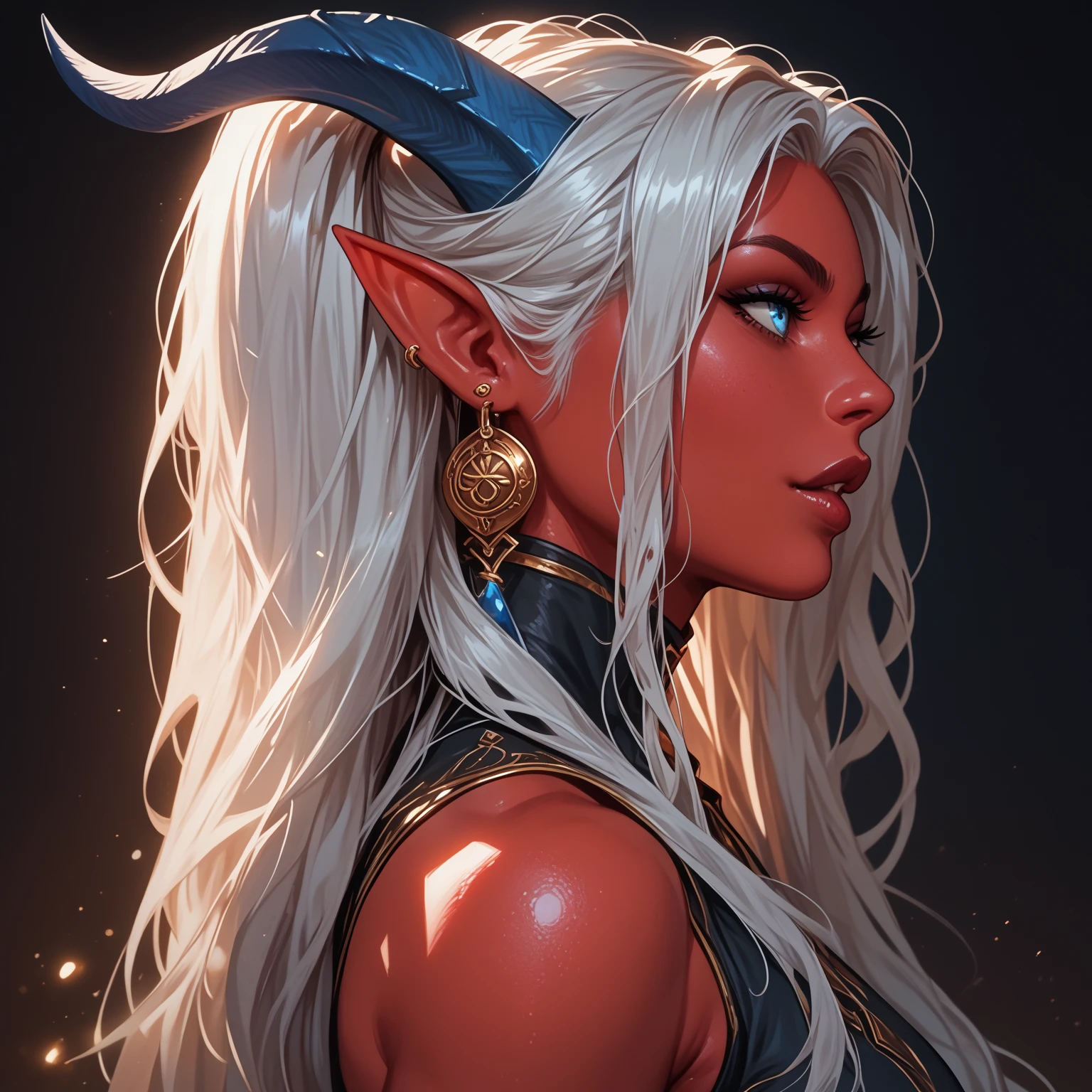 1 girl, A Tiefling,  Long hair,  high definition , earrings, Legs out of frame, персонаж далеко, athletic body,  pretty face,  young , Red skin, Dark background, Accuracy, High quality, In profile, Not too long horns, Ebony blue horns, Silver hair,