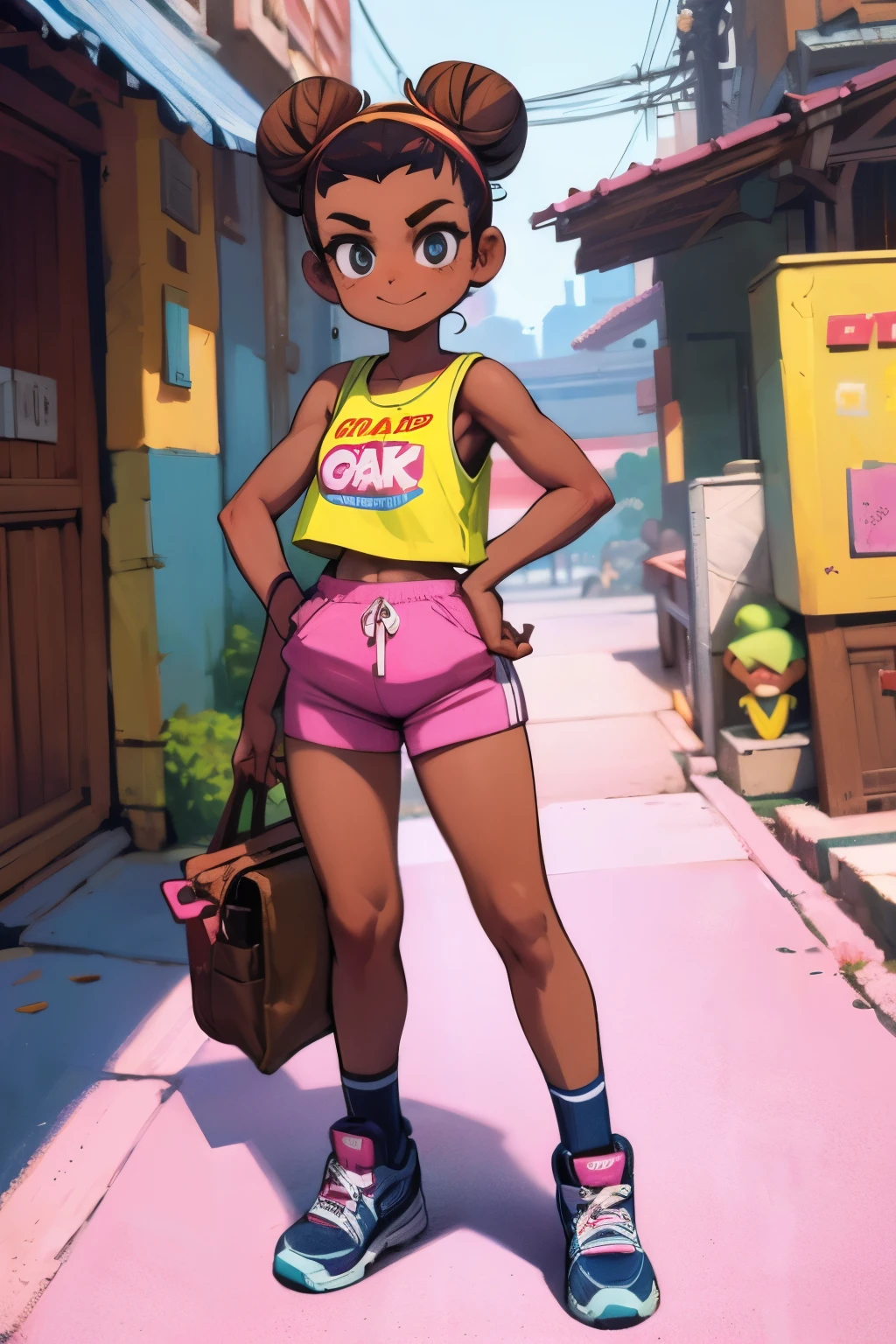 comics,  1980s Style , masterpiece, dramatic, movie, whole body,  Dynamic View ，Very short stature， toddler figure ，Short legs，8k Quality，Alicia， a very young girl ，Dark Girl ， African Hairstyle ，Hair Bun,  Pink Sleeveless Crotchless Top， Pink Skinny Bike Shorts ， Blue Sneakers ，Cool smile， sarcasm ， Big City Alley ，