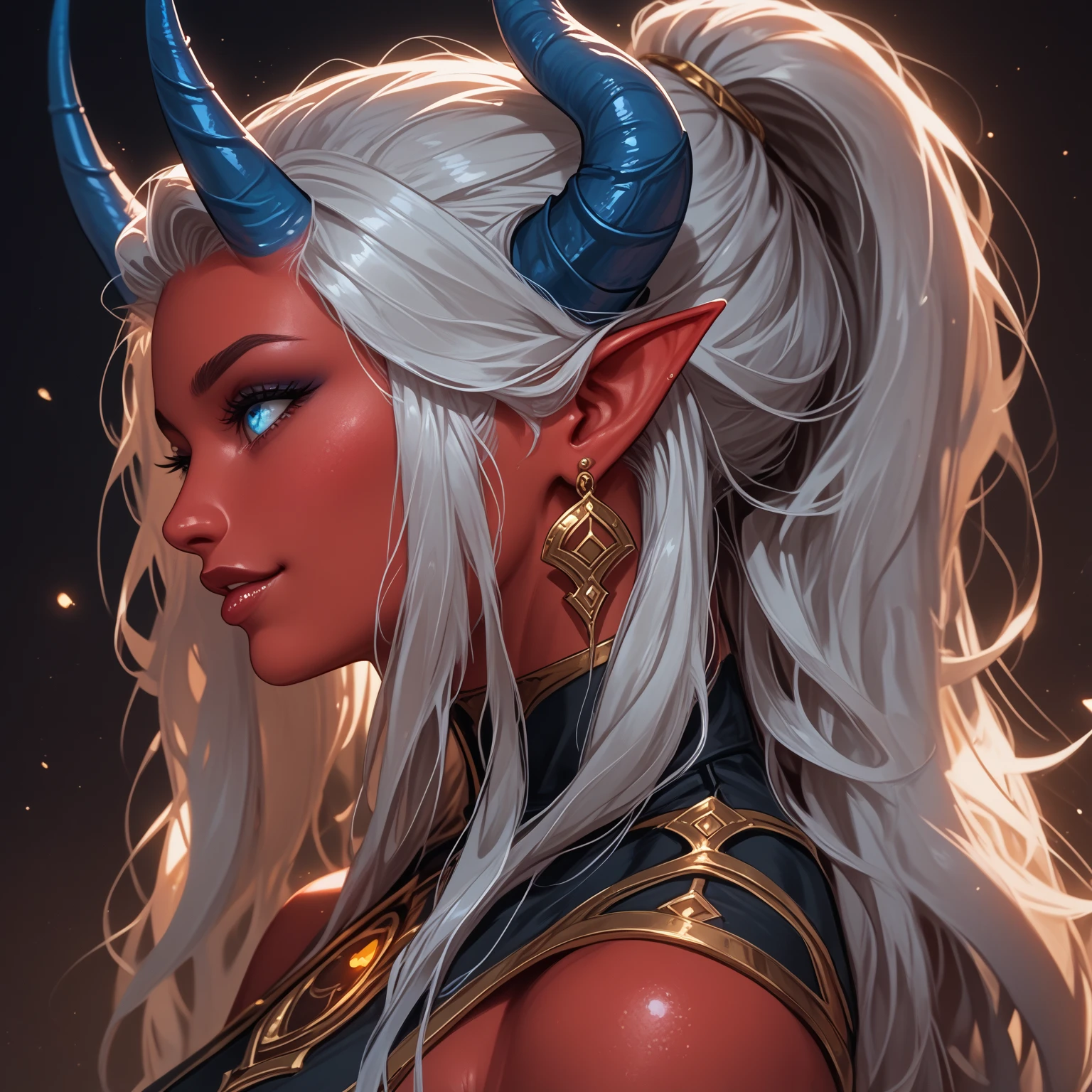 1 girl, A Tiefling,  Long hair,  high definition , earrings, Legs out of frame, персонаж далеко, athletic body,  pretty face,  young , Red skin, Dark background, Accuracy, High quality, In profile, Not too long horns, Ebony blue horns, Silver hair, Dark goddess