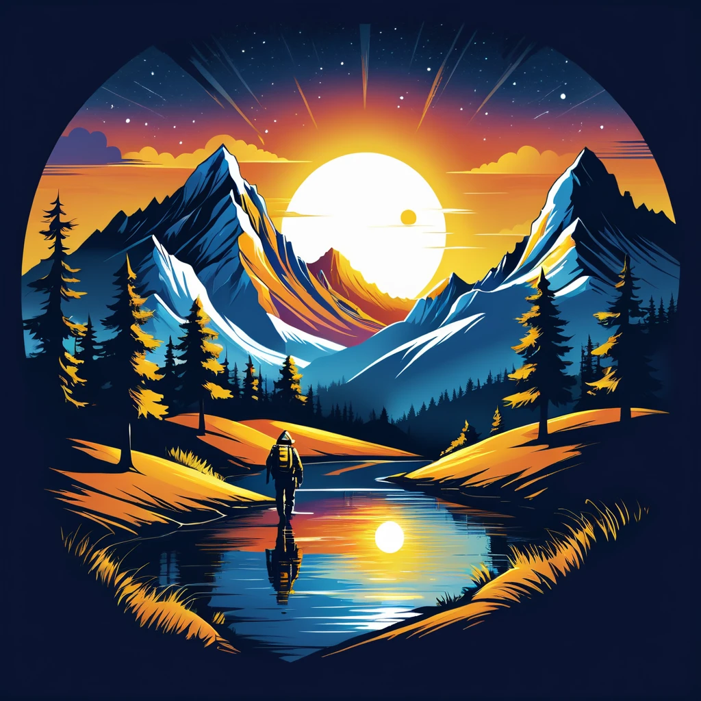 print ready vector t-shirt design, adventure scene with explorer, with beautiful nocturnal sun and mountain in the background, clean white background, professional vector, full shot, 8K resolution, deep impression illustration