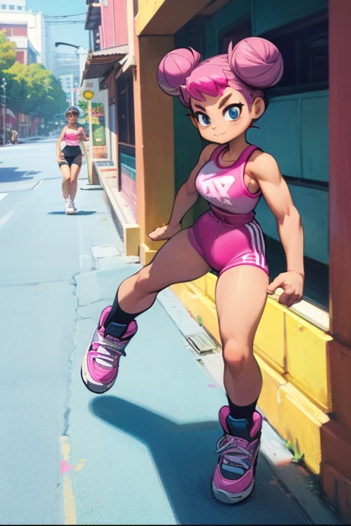 comics,  1980s Style , masterpiece, dramatic, movie, whole body,  Dynamic View ，Very short stature， toddler figure ，Short legs，8k Quality，Alicia， a very young girl ，Dark Girl ，Pink afro hair hairstyle，Hair Bun,  Pink Sleeveless Crotchless Top， Pink Skinny Bike Shorts ， Blue Sneakers ，Cool smile， sarcasm ， Big City Alley ，