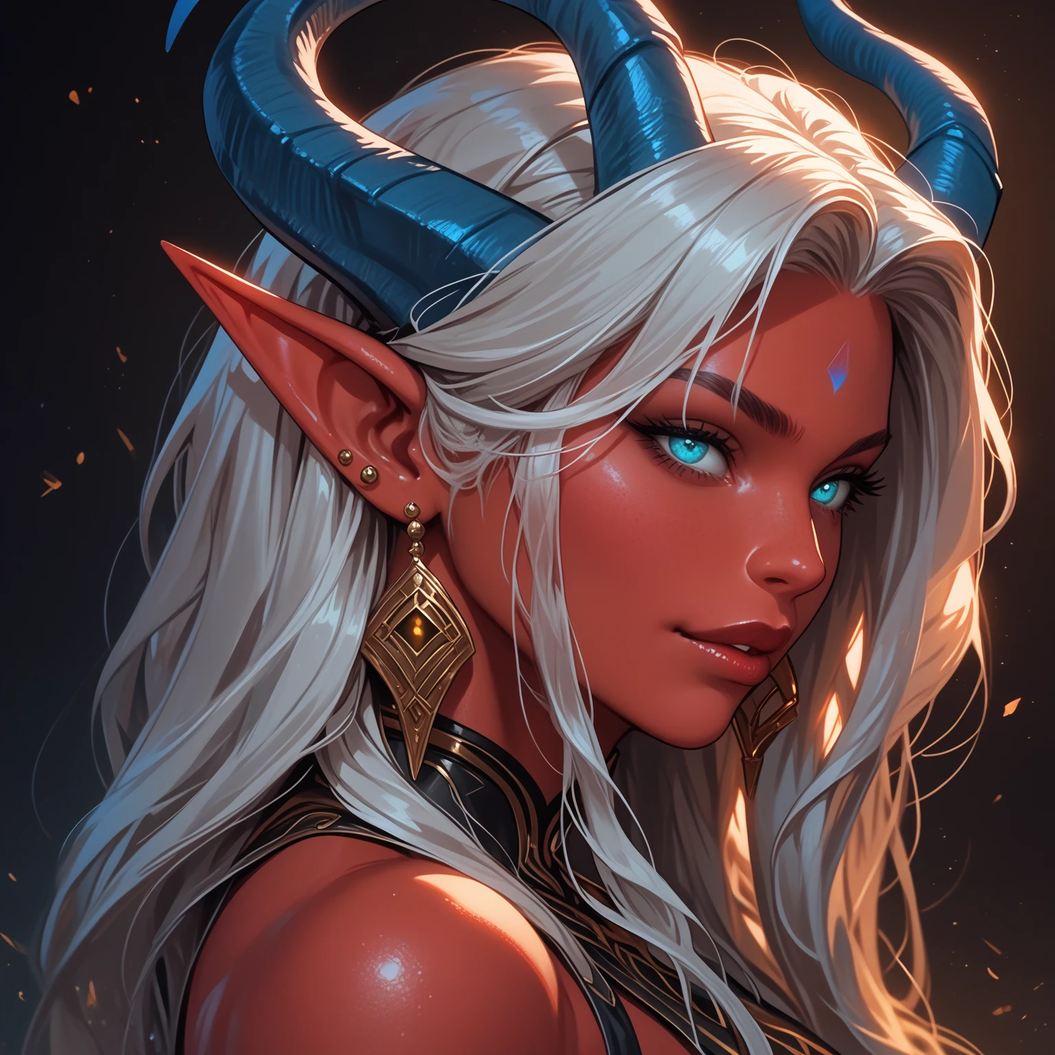 1 girl, A Tiefling,  Long hair,  high definition , earrings, Legs out of frame, персонаж далеко, athletic body,  pretty face,  young , Red skin, Dark background, Accuracy, High quality, In profile, Not too long horns, Ebony blue horns, Silver hair, Dark goddess, Cyan eyes