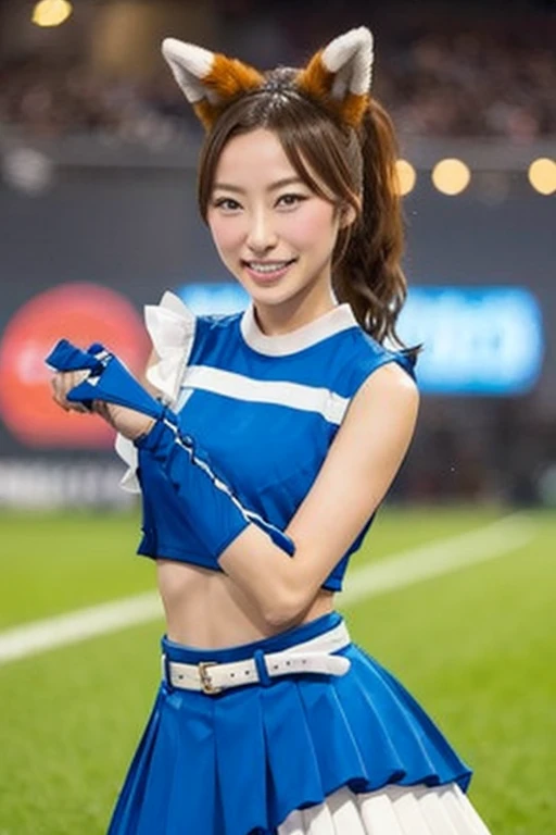 (masterpiece,  best quality:1.2), What does the fox say?？,  1 girl, Alone,  cheerleader,   perfect hands,  open your mouth, smile, Long Hair, ,  brown hair,  ponytail, belt,  foxtail,  fox ears,  crop top,  blue skirt ,  pleated skirt, abdomen, Put a mask on the ,  elbow gloves,  viewers, Outdoor, Stadium,  Blurry Background 