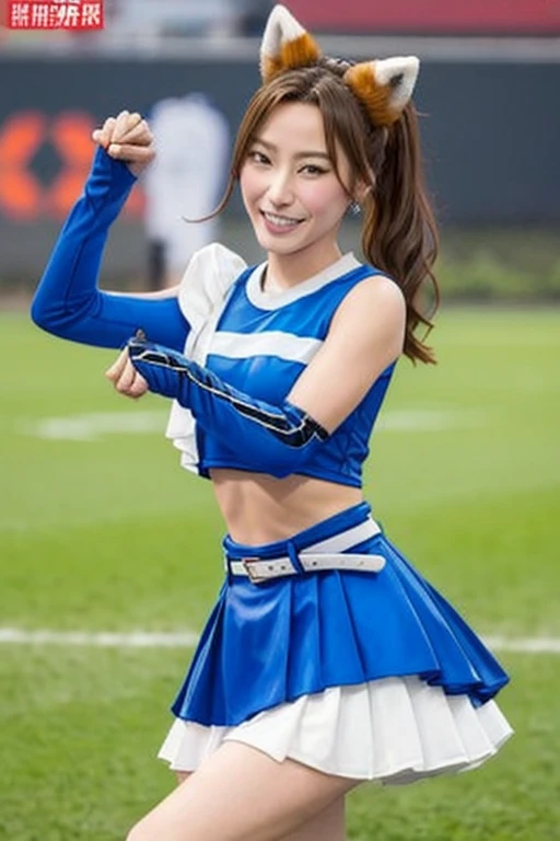 (Beautiful Japanese girl in her early teens), (blue panties), Cheerleader spread legs, nipples sticking out, 1 girl in her early teens, Solo, Cheerleader, perfect hands, angry expression , crop top, blue skirt, ロープでボンテージ，pleated skirt, removable sleeves, elbow gloves, looking at viewer, outdoor, stadium