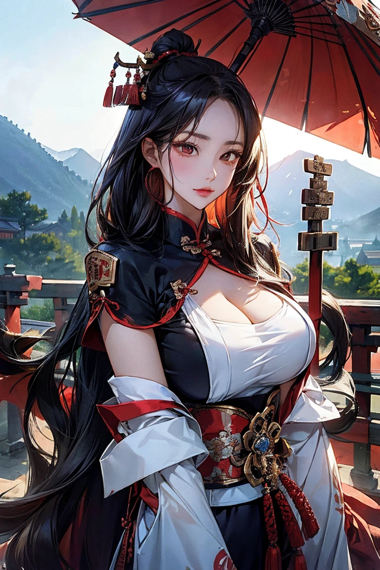 Official Art, Unity 8k wallpaper, super detailed, beautiful, beautiful, masterpiece, best quality, mystery, romanticism, horror, literature, art, fashion, Tang dynasty era, decoration, intricate, embroidery, red hanfu, red tulle coat, 1 girl, black hair, red headband, red hairpin, sad, fatalistic, bust composition, dramatic composition, movie lighting, dynamic perspective, sexy, nudity, full of temptation, red maple forest, maple leaves falling, red maple background, cloudy fog, dramatic composition,