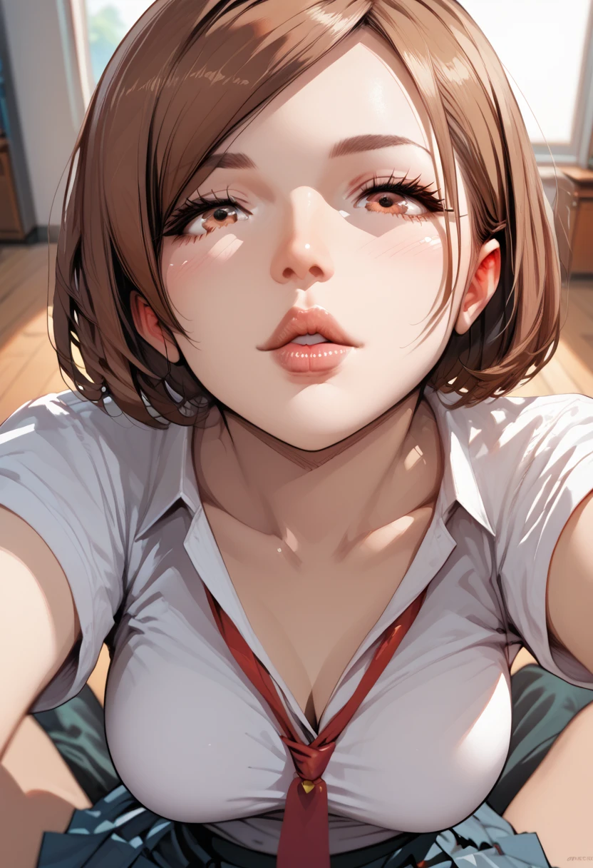 1girl, 1boy, Nobara Kugisaka, brown eyes, brown hair, short hair, school uniform, brown lip gloss, close up, sitting, puckered lips, solo, animetoreal, breasts, pov,
