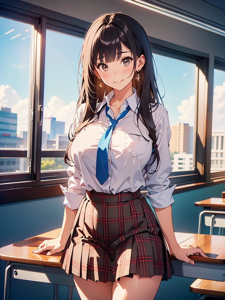 ((table top, highest quality, High resolution, nffsw, perfect pixel, 4k, nffsw, nffsw))), 1 girl, single, alone, beautiful woman、I could see the whole body、 ((short wavy hair, bangs, brown hair)), ((brown eyes, beautiful eyelashes, realistic eyes)), ((detailed face, blush:1.2)), ((smooth texture:0.75, realistic texture:0.65, realistic:1.1, Anime CG style)), medium breasts, dynamic angle, perfect body, ((school uniform,  white shirt, black skirt, unbuttoned shirt、plaid skirt、not wearing shoes、white socks)), classroom without people、sit at desk、lower&#39;I took my foot off the desk.........................................、evening、、、Very embarrassing panic smile、(lift the skirt with your right hand、open your legs、open your knees wide、Light blue and yellow floral lace panties)、、(light blue lace bra)、angle from below
