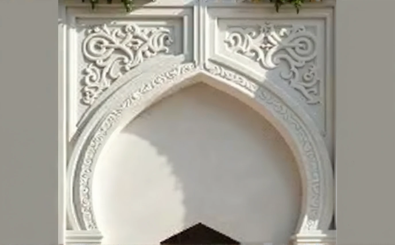Wide White plaster ornamental decor with oriental pattern trimmed with a thin frame.