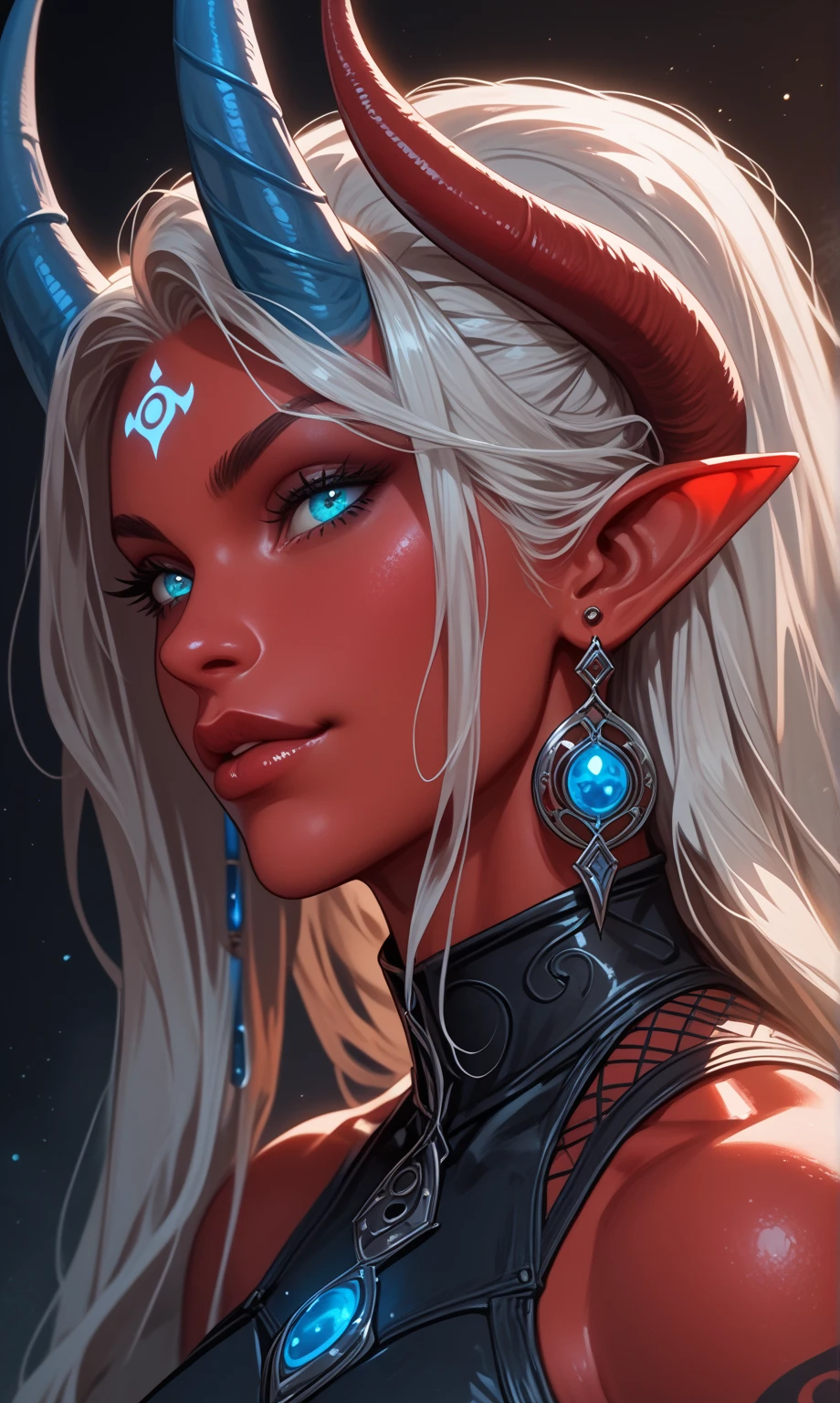 1 girl, A Tiefling,  Long hair,  high definition , earrings, Legs out of frame, персонаж далеко, athletic body,  pretty face,  young , Red skin, Dark background, Accuracy, High quality, In profile, Not too long horns, Ebony blue horns, Silver hair, Dark goddess, Cyan eyes