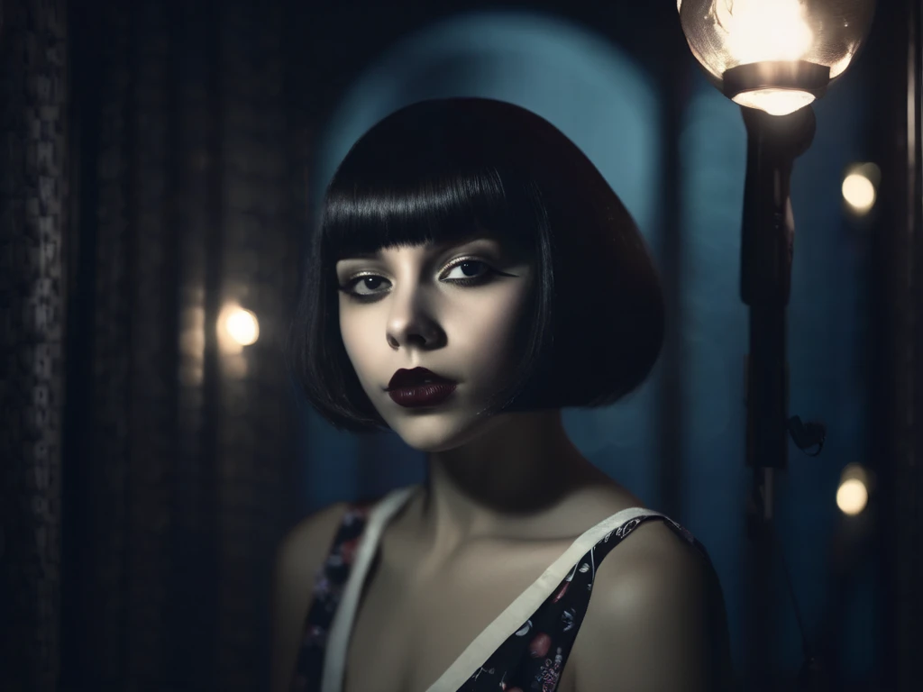 
beautiful girl with bob haiircut floating through the dark night. creepy, sinister