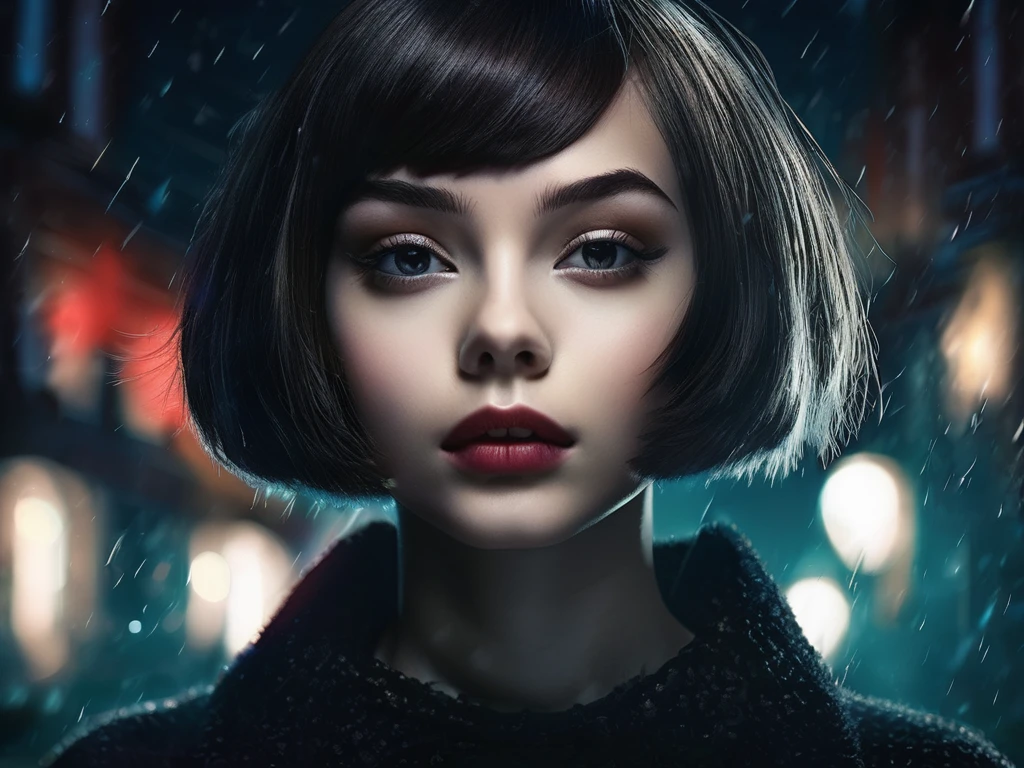 beautiful young girl with bob haiircut floating through the dark night. creepy, sinister