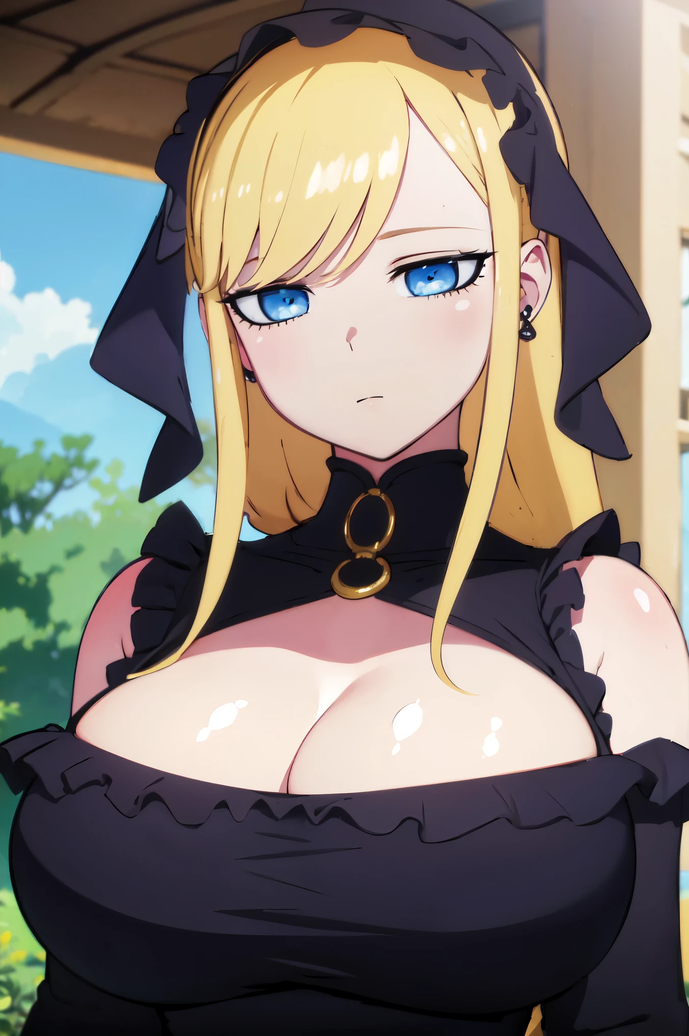 Blonde hair, very huge  tits, (((black dress))),  thick, busty, blue eyes, ((upperbody)), emotionless, cleavage, flower garden