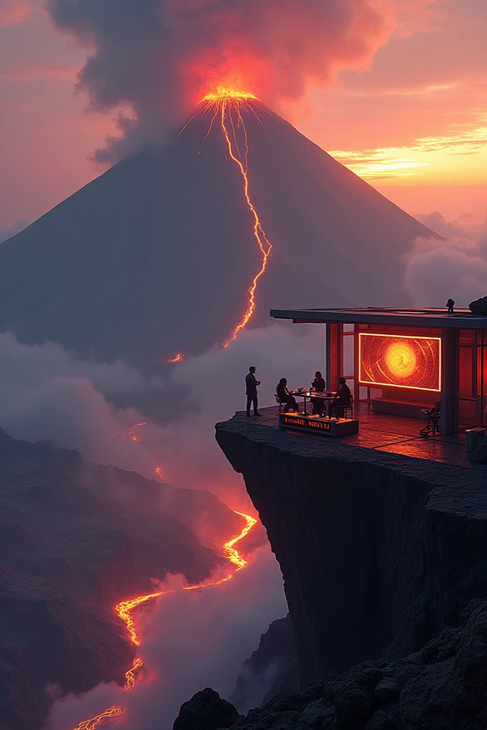 create a podcast logo, unique, minimalist, modern with the name of cafecomtretas, put a microphone a cup of coffee and an erupting volcano with the style of Paul Rand, attractive, charming, use strong colors isolated in the background
