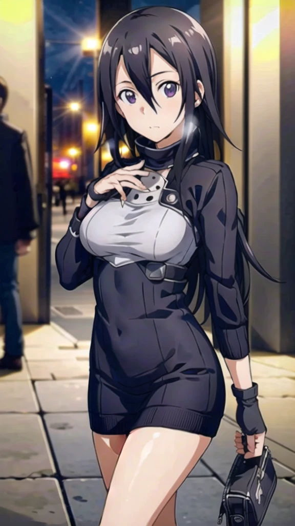 1girl, cowboy shot, beautiful kirito_ggo, long hair, black hair, black eyes, medium breasts, sweater dress, long sleeves, turtleneck, outdoors, street, standing, cowboy shot, night