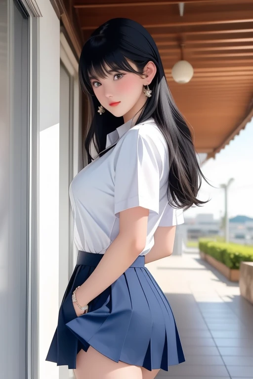 1girl 15years old,anime girl, bangs,standing,cowboy shot,dynamic angle BREAK (closed mouth), black hair, blue eyes,white pantie, blurry, blurry background, blush, bottomless, breasts, closed mouth,no bra, cum, dutch angle, erection, hair between eyes, hair ribbon, hetero, indoors, jewelry, long hair, looking at viewer,student uniform, White button up shirt,( Deep Blue pleated skirt), black belt,(Modern architecture in background), mature female, /(black hair/) bangs, (masterpiece best quality:1.2) delicate illustration ultra-detailed, small breasts , outdoors, detailed back ground,white pantie,((pantie line)),standing,turn back,full body,side view,bent butt,sexy,out door,sun shine,