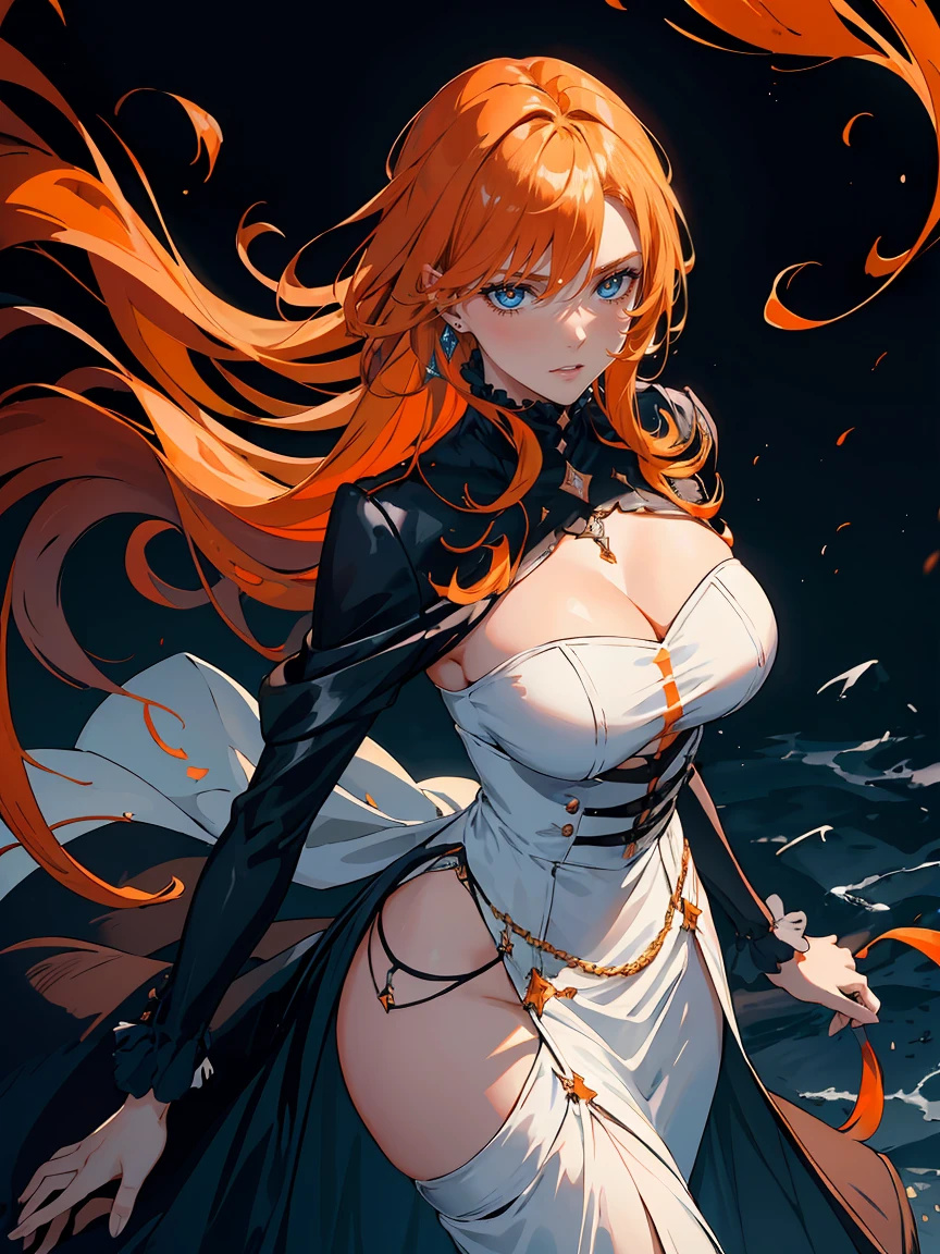 a beautiful detailed portrait of Rangiku Matsumoto, a female shinigami with long orange hair, perfect body proportions, big breasts, cleavage, hands at chest, extremely detailed high quality realistic face, eyes, nose, lips, skin, hair, detailed hands and fingers, dramatic room background, masterpiece, 8k, best quality, photorealistic, studio lighting, physically-based rendering, vivid colors, bokeh