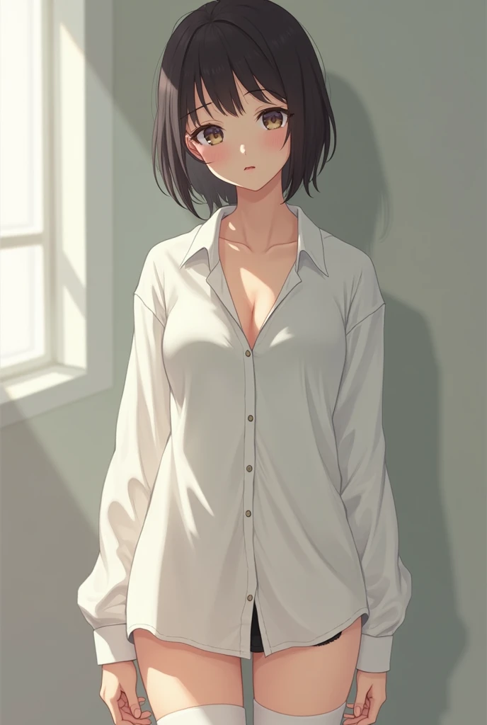 An anime girl in thongs with a long shirt