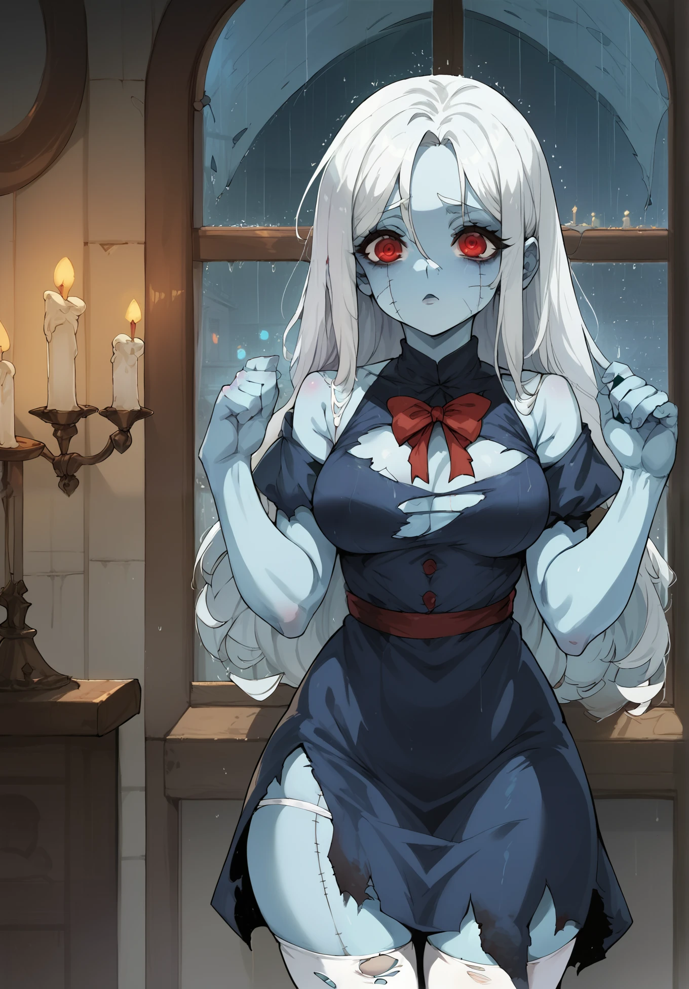 Gorgeous zombie girl, undead, light blue skin, body stitches, white hair, red eyes, torn white stockings, torn up dress, golden ribbons, spooky mansion, bedroom, standing by the window, raining outside, candles, night time,