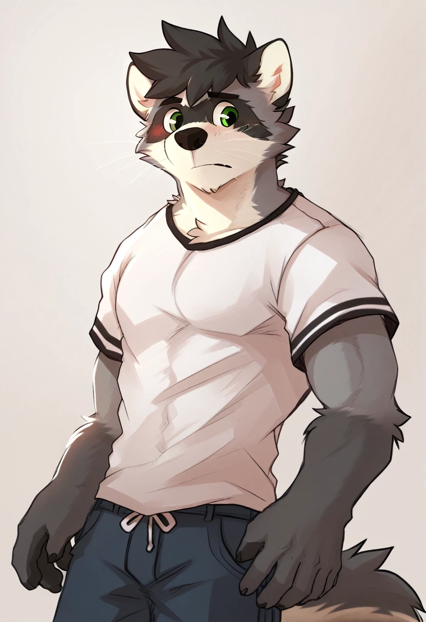  green eyes, lobo, muscular male, ( Whole body), alone, blush,  short hair ,  male focus , pants, Casual shirt, expression references, por pache riggs