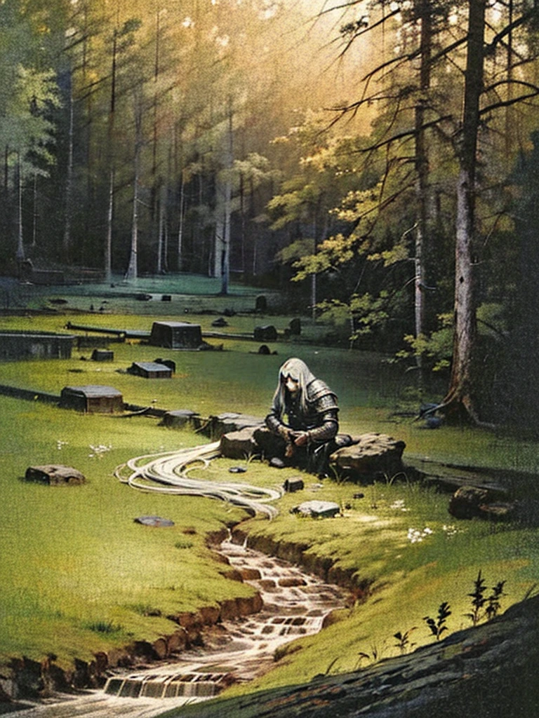 A young warrior sitting on a large stone in the middle of a lush green field, meditating peacefully. He wears a gleaming silver armor with intricate engravings, slightly weathered from battle. His long white hair flows gently in the breeze, contrasting with his youthful face. Beside him, leaning against the stone, is a black sword with silver details, glowing faintly in the sunlight. The serene setting is illuminated by a warm, golden light, with rolling green hills in the background and a few scattered wildflowers. A sense of calm and reflection fills the scene, with dramatic yet soft lighting perfect for a desktop wallpaper. Ultra-detailed and cinematic art style, with vibrant and natural colors.