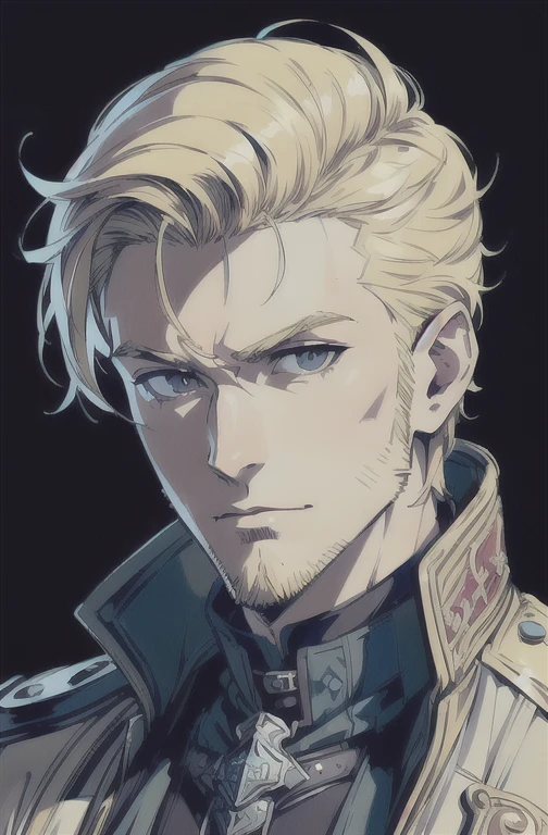 (masterpiece, ultra-detailed, high resolution, best quality:1.2), (anime, simple background, plain background, sketchy drawing, portrait, face, male focus, Fantasy Art, RPG Character), ((medieval adventurer outfit:1.2), 1guy, solo), ((sideburns:1.1), (hair is parted to the side:1.2), blonde hair, (very thin beard)), (((jacket:1.2), upturned collar))