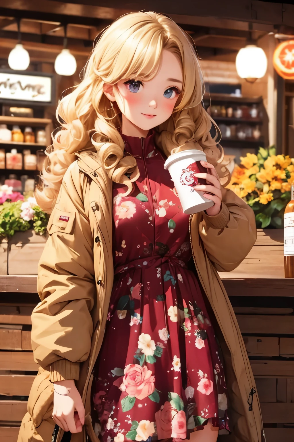  best quality,  ， cute , blonde, Curly hair, evil ，Floral Dress， down jacket，I want to drink coffee from the festival night shop.，