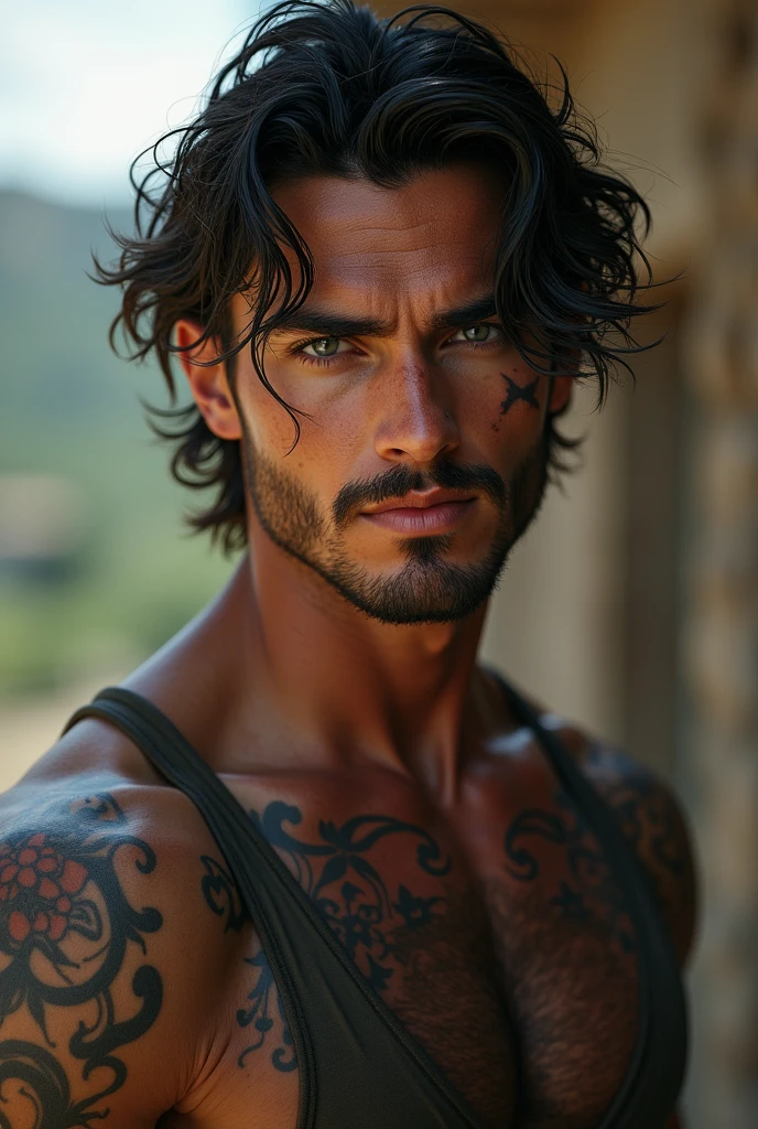 RAW photo, photography, photorealistic, Bold RAW photo of a man in ancient armor , on a city ruins. he has an intense look, detailed skin, (with highly detailed tattoos:1.1), finely eyes. The shot is taken on a professional camera with a shallow depth of field, creating a natural and raw feel. The lighting is soft and adds to the mysterious atmosphere of the scene. The image is highly detailed, cinematic
