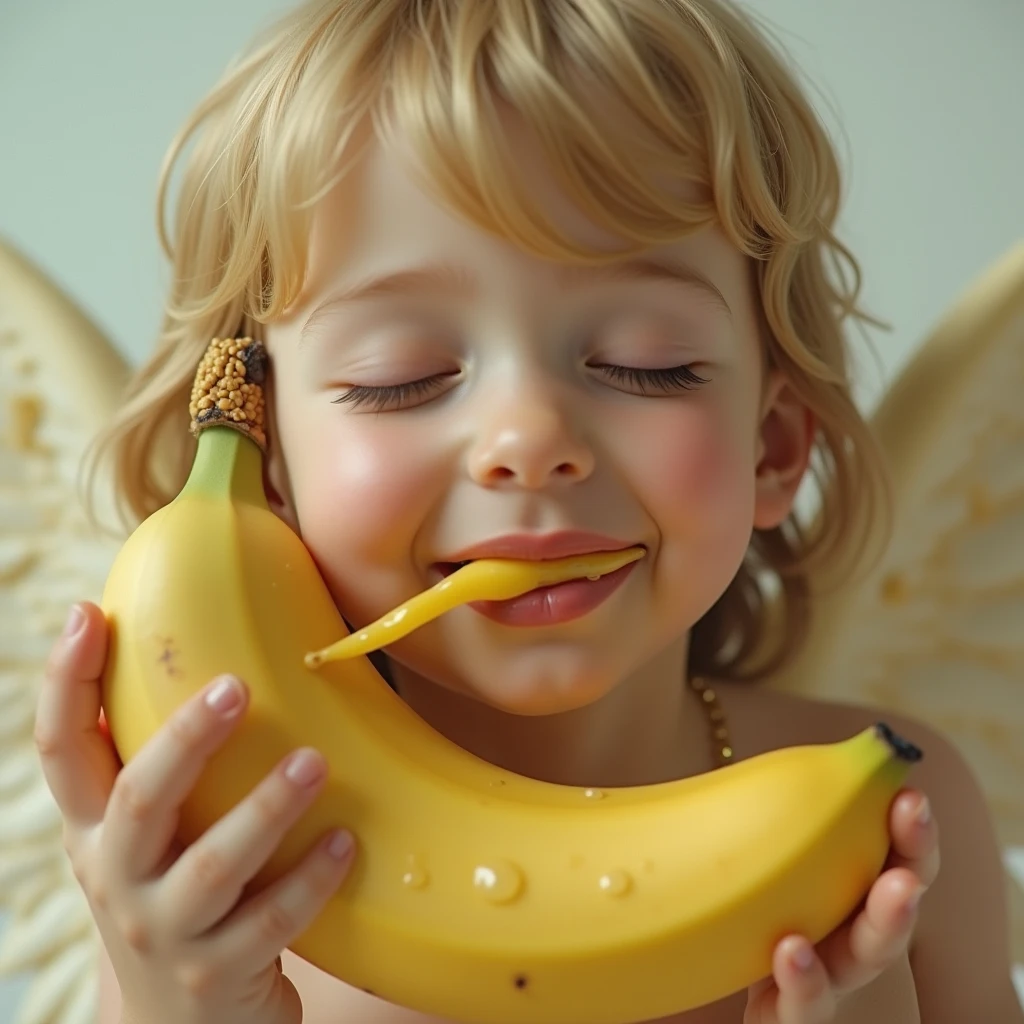 A girl is eating a banana sitting on a banana tree, the girl is very beautiful, very sexy girl with a penis coming out from under her, a  is peeking behind her,